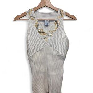 Y2K WD.NY Ribbed V Neck Sequin Beaded Tank Cream Size XL